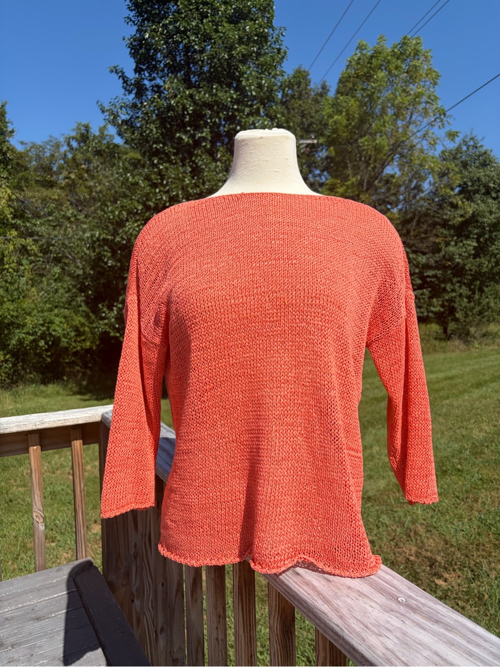 Eileen Fisher Women’s Coral Orange Mesh Knit Pullover Blouse Sweater Sz Petite S